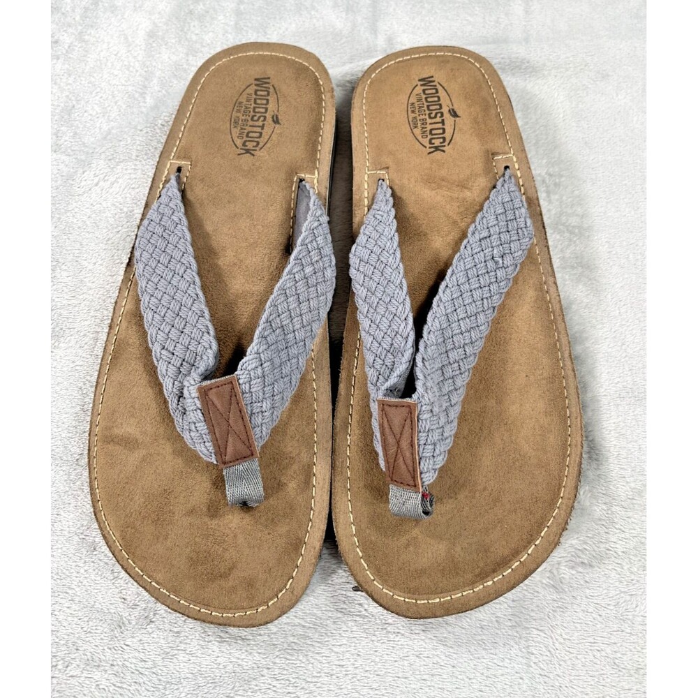 Woodstock Kyle Braided Flip Flops Mens 13M Grey Straps Brown Suede Footbed